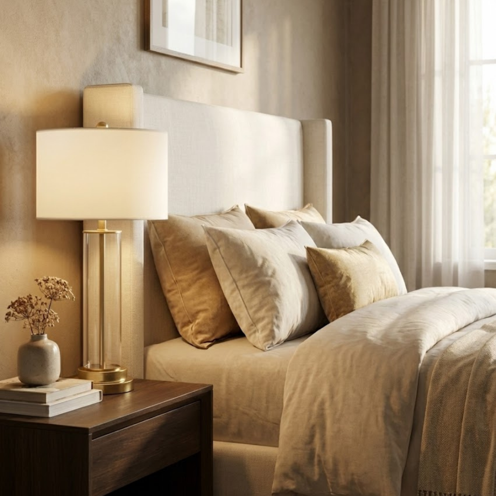 Modern Glass Table Lamp with Gold Metal Base and White Fabric Shade