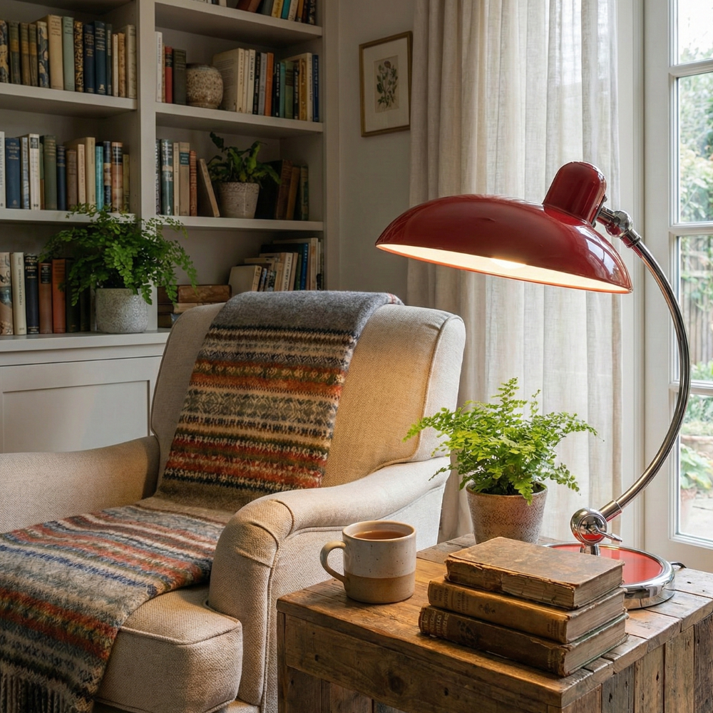 Tischlampe mit Metallgestell und Halbkugel-Schirm – E27