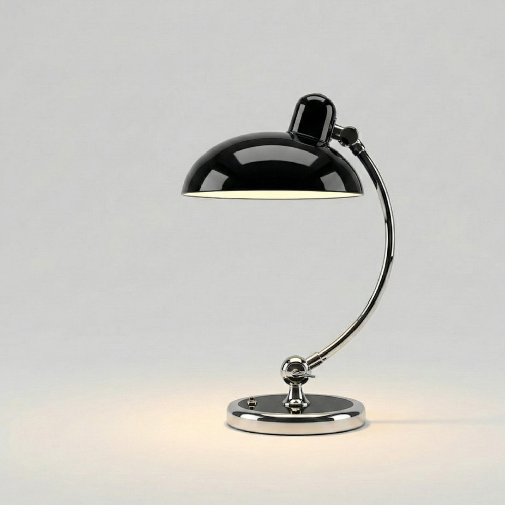 Tischlampe mit Metallgestell und Halbkugel-Schirm – E27