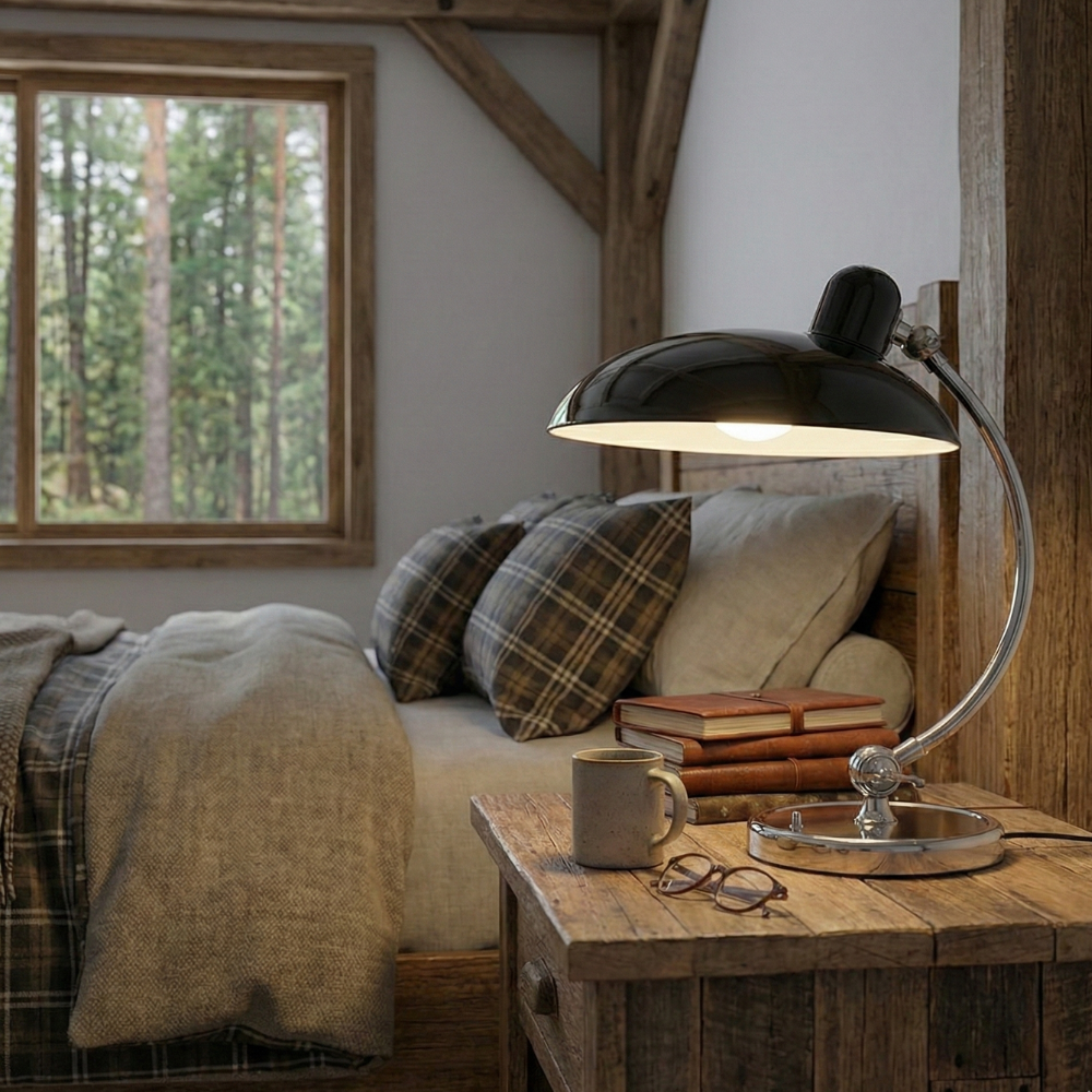 Tischlampe mit Metallgestell und Halbkugel-Schirm – E27