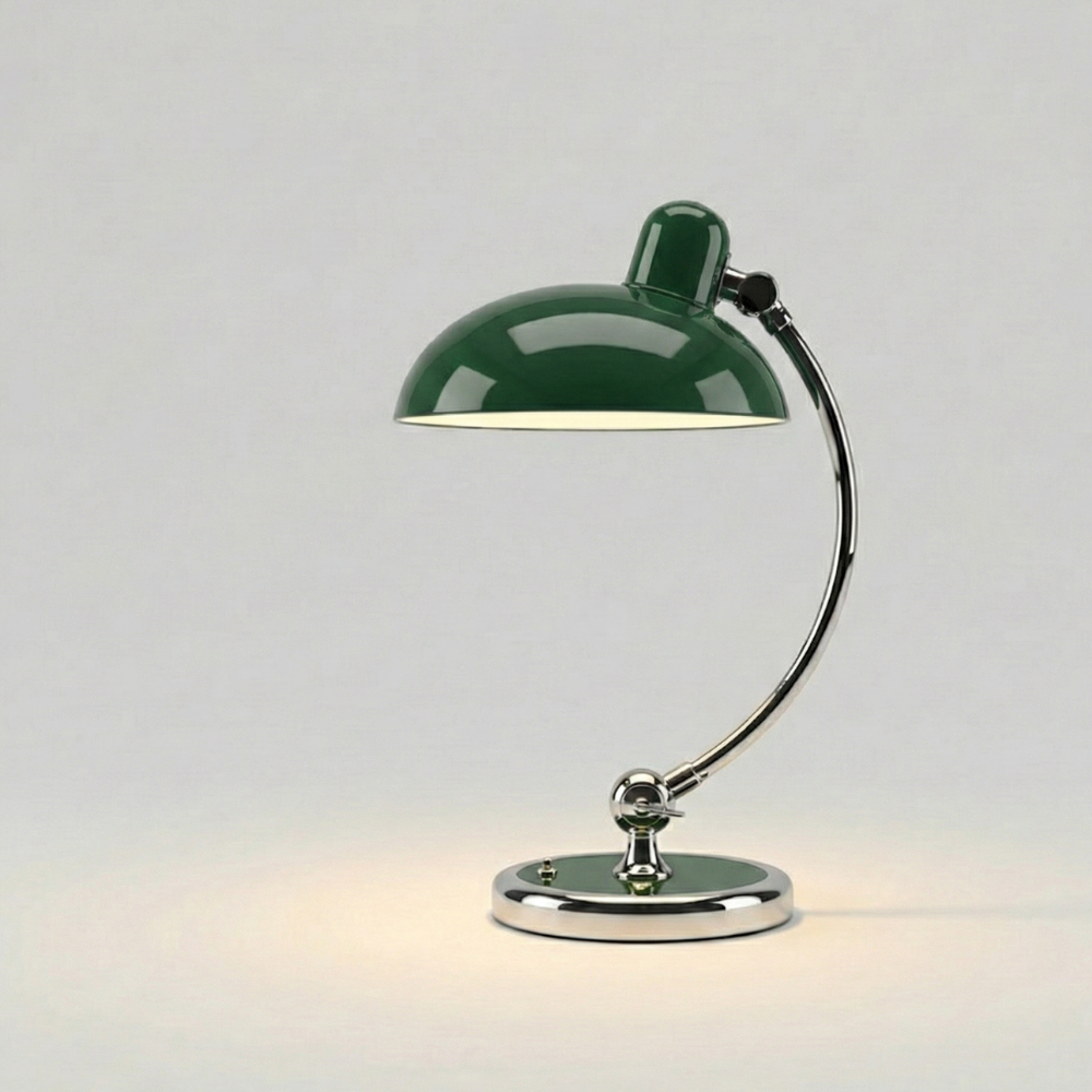 Tischlampe mit Metallgestell und Halbkugel-Schirm – E27