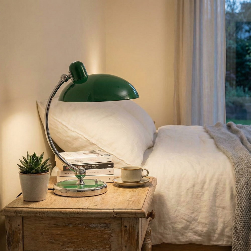 Tischlampe mit Metallgestell und Halbkugel-Schirm – E27