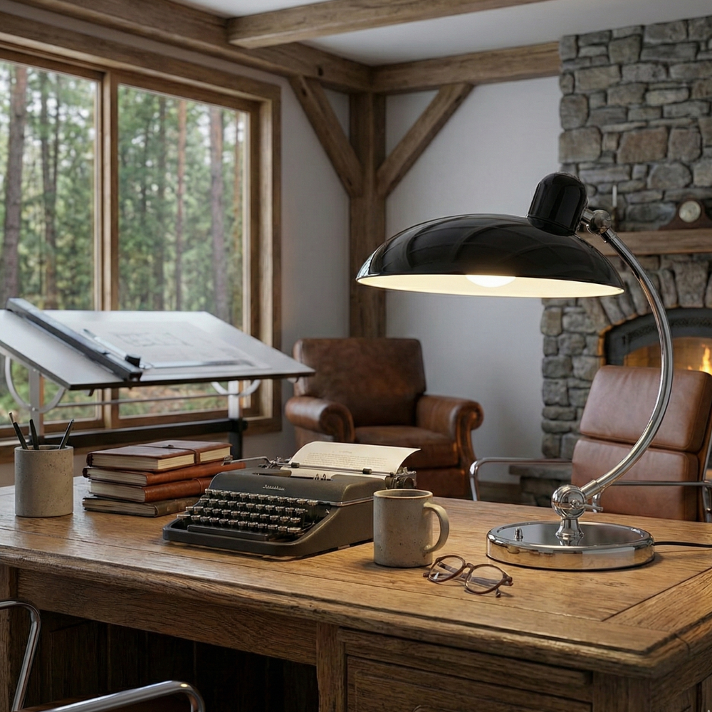 Tischlampe mit Metallgestell und Halbkugel-Schirm – E27