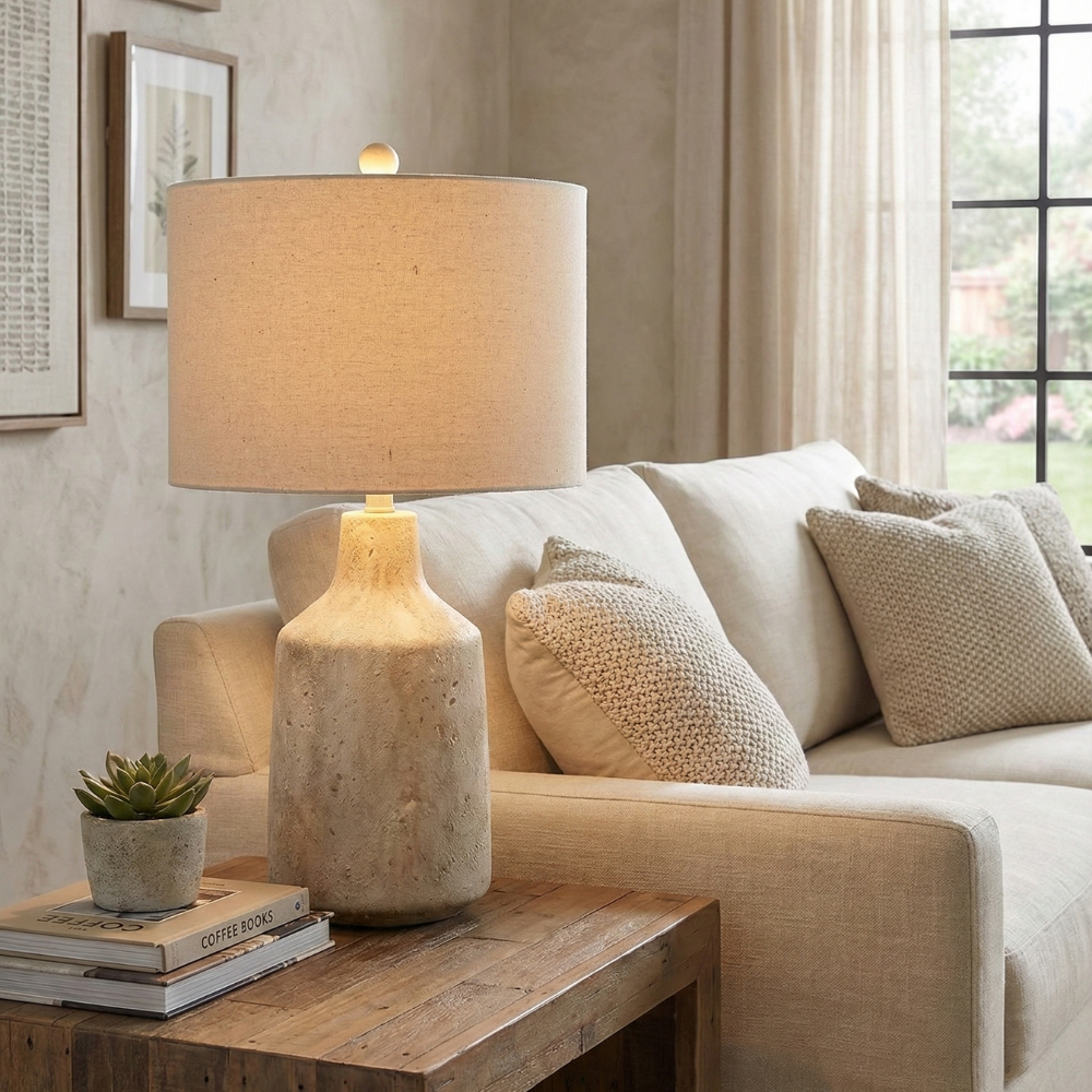 Tischlampe mit Keramikfuss und Stoffschirm – E27, Naturfarben