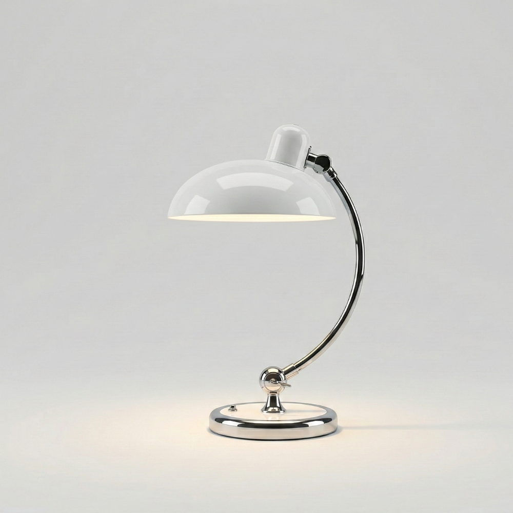 Tischlampe mit Metallgestell und Halbkugel-Schirm – E27