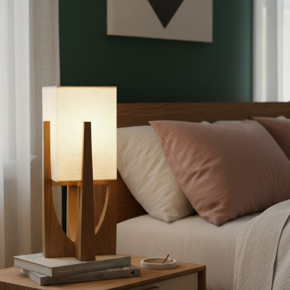 Modern Wooden Table Lamp with Fabric Shade – Minimalist Nordic Decorative Bedroom Light