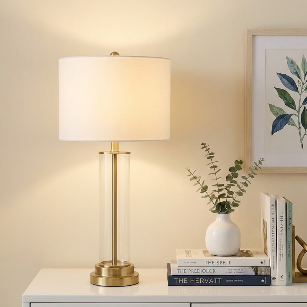 Modern Glass Table Lamp with Gold Metal Base and White Fabric Shade