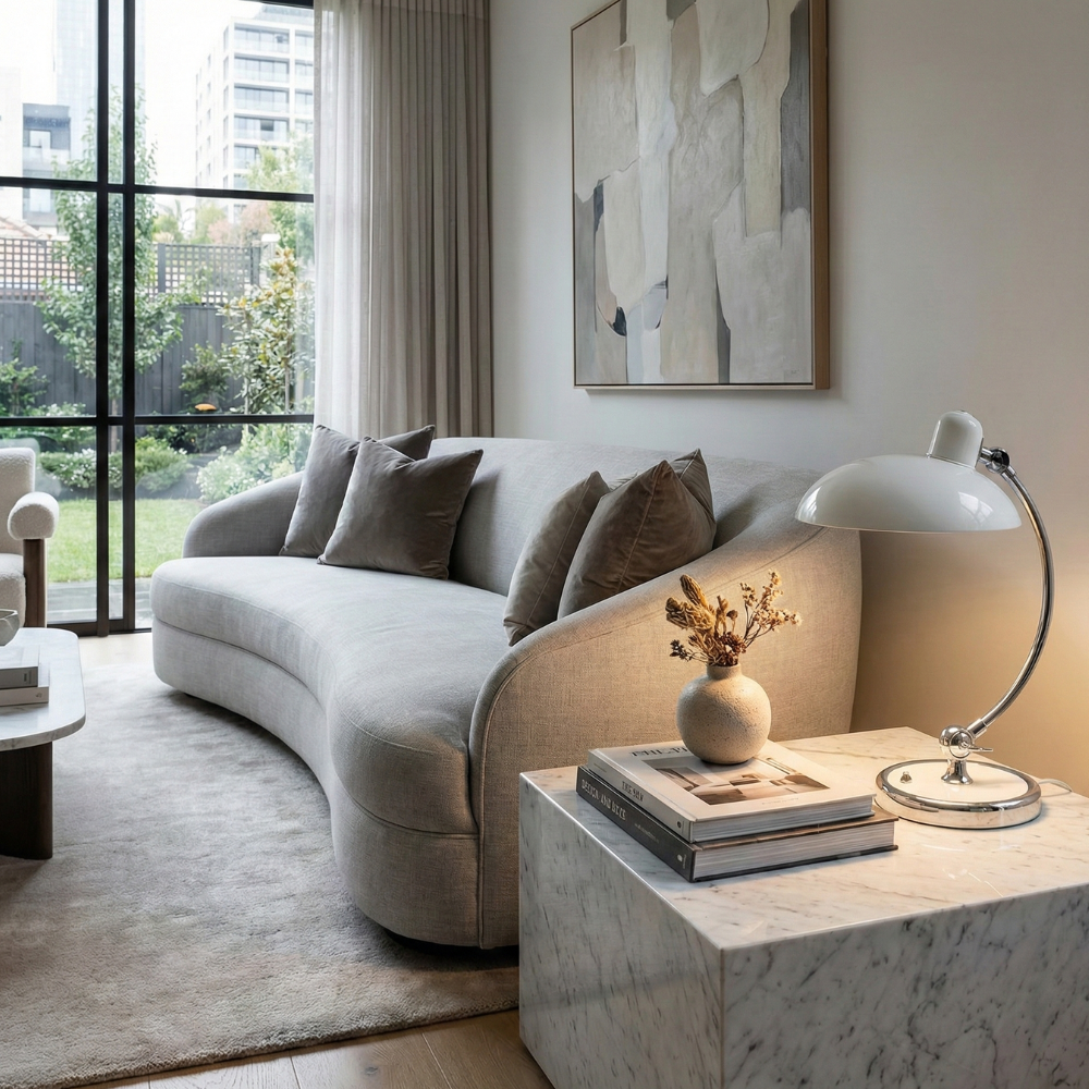 Tischlampe mit Metallgestell und Halbkugel-Schirm – E27