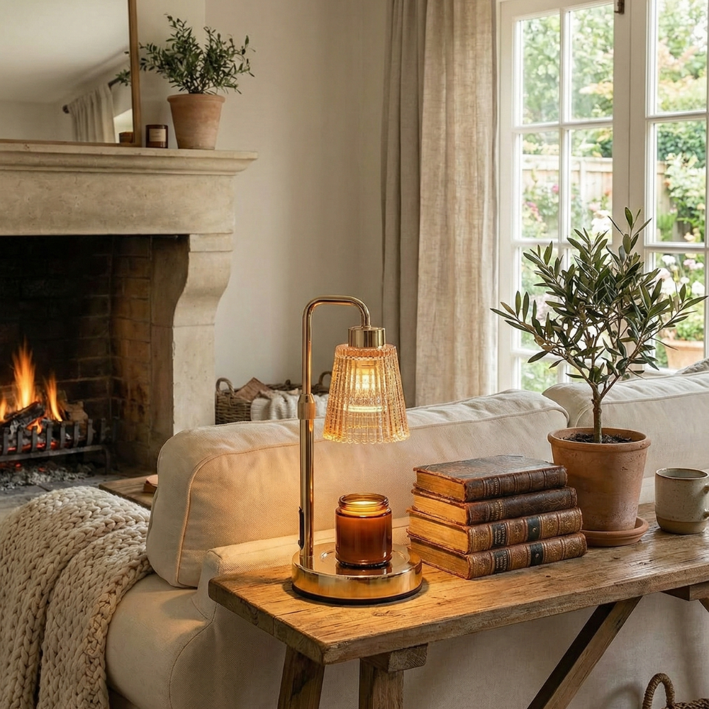 Wärmelampe für Duftkerzen mit Glasschirm – Tischlampe, Metall, dimmbar, für Wohnräume