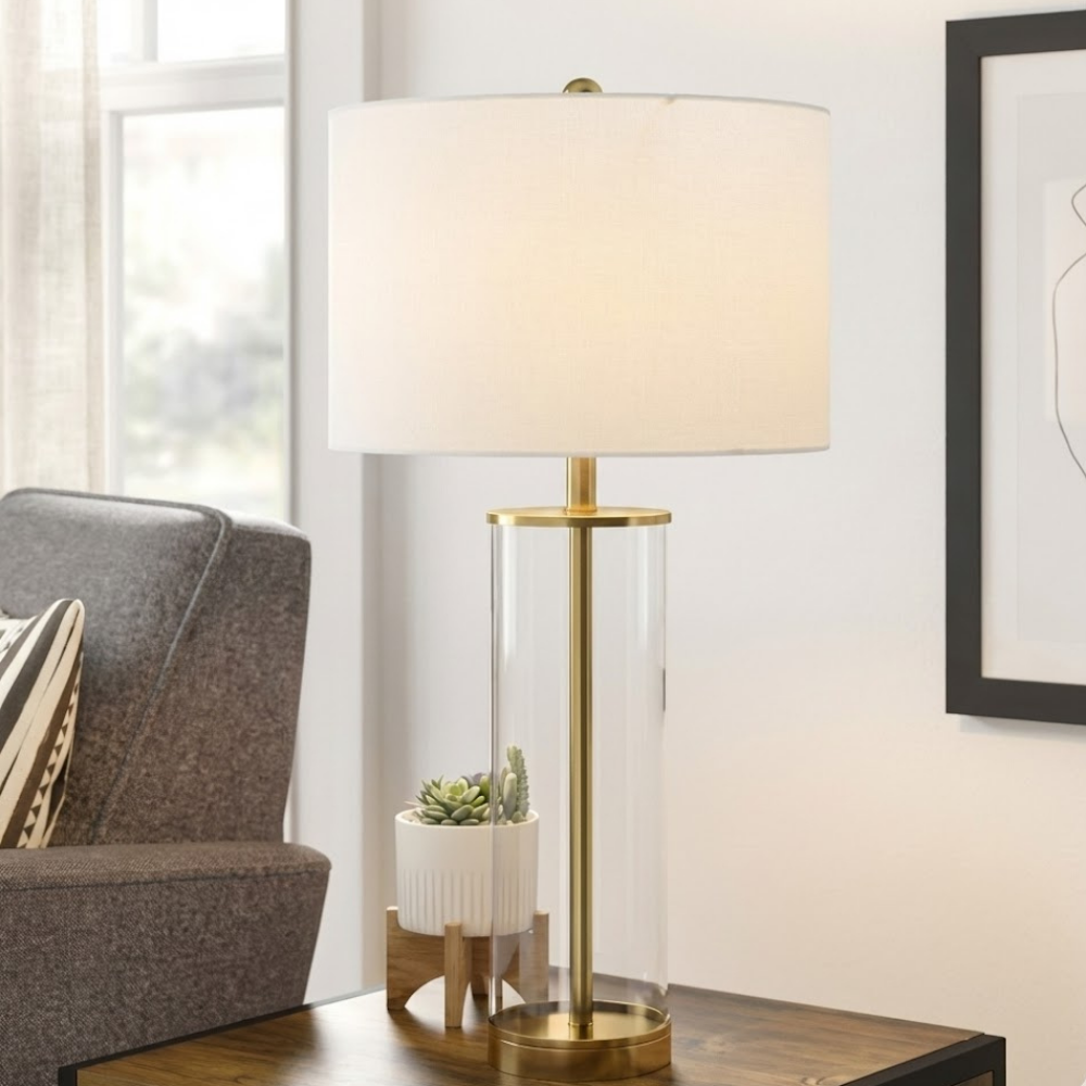 Modern Glass Table Lamp with Gold Metal Base and White Fabric Shade