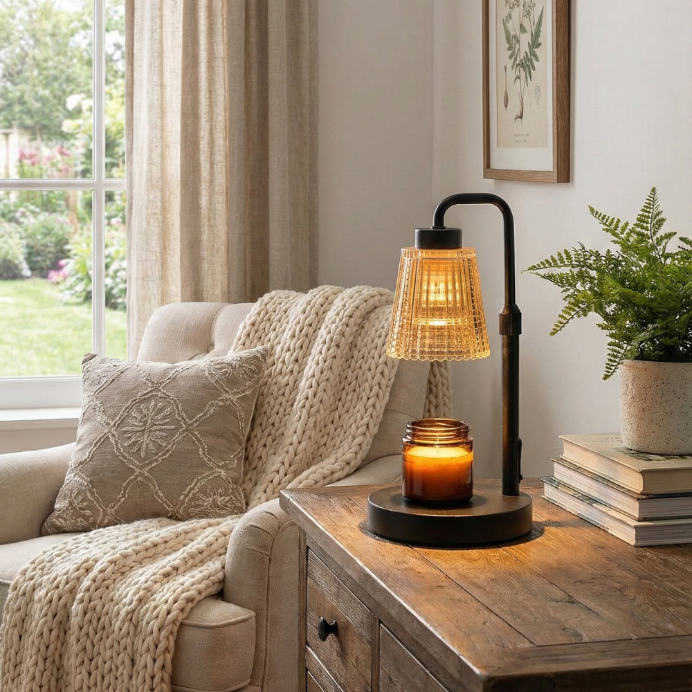 Wärmelampe für Duftkerzen mit Glasschirm – Tischlampe, Metall, dimmbar, für Wohnräume