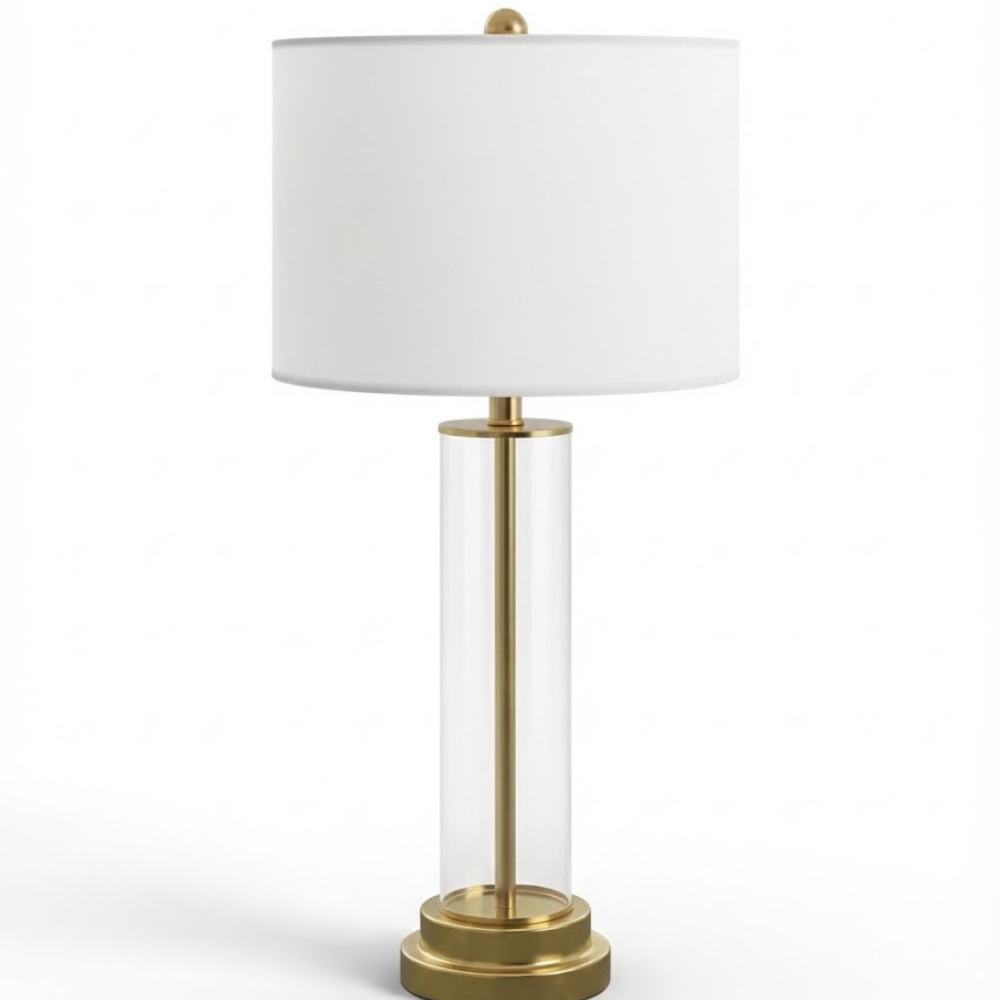 Modern Glass Table Lamp with Gold Metal Base and White Fabric Shade