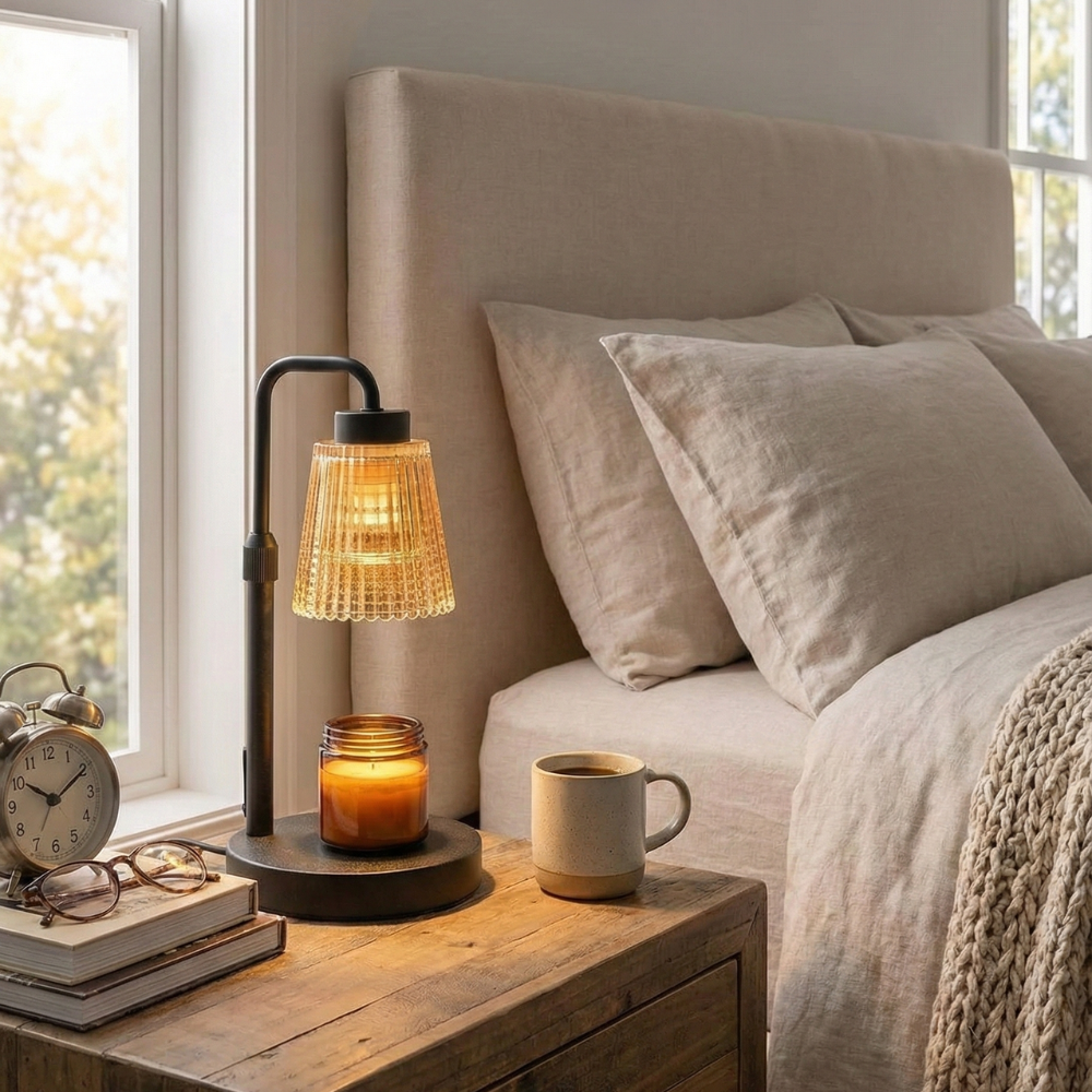 Wärmelampe für Duftkerzen mit Glasschirm – Tischlampe, Metall, dimmbar, für Wohnräume