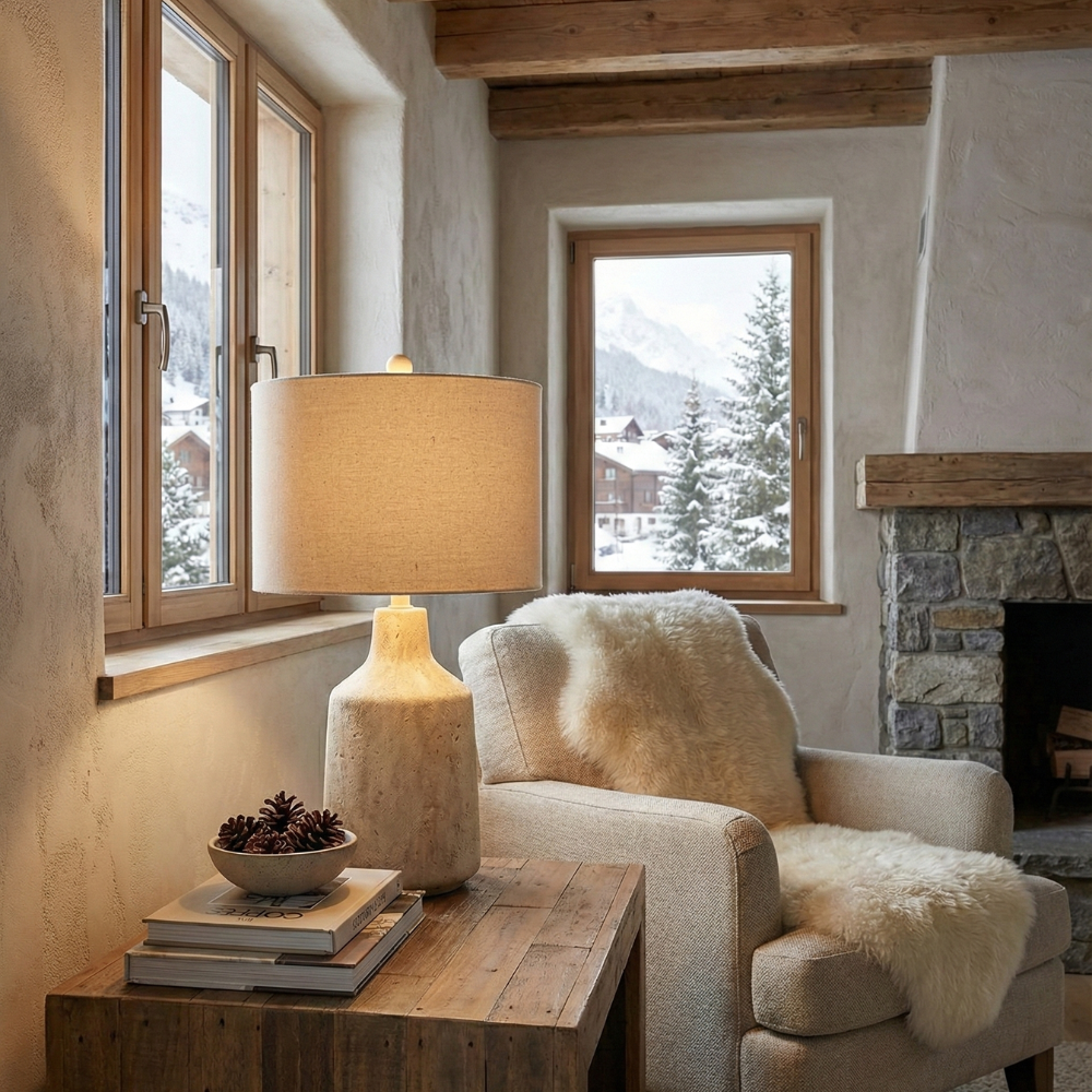 Tischlampe mit Keramikfuss und Stoffschirm – E27, Naturfarben