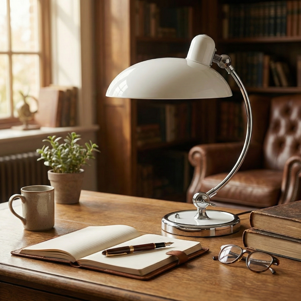 Tischlampe mit Metallgestell und Halbkugel-Schirm – E27