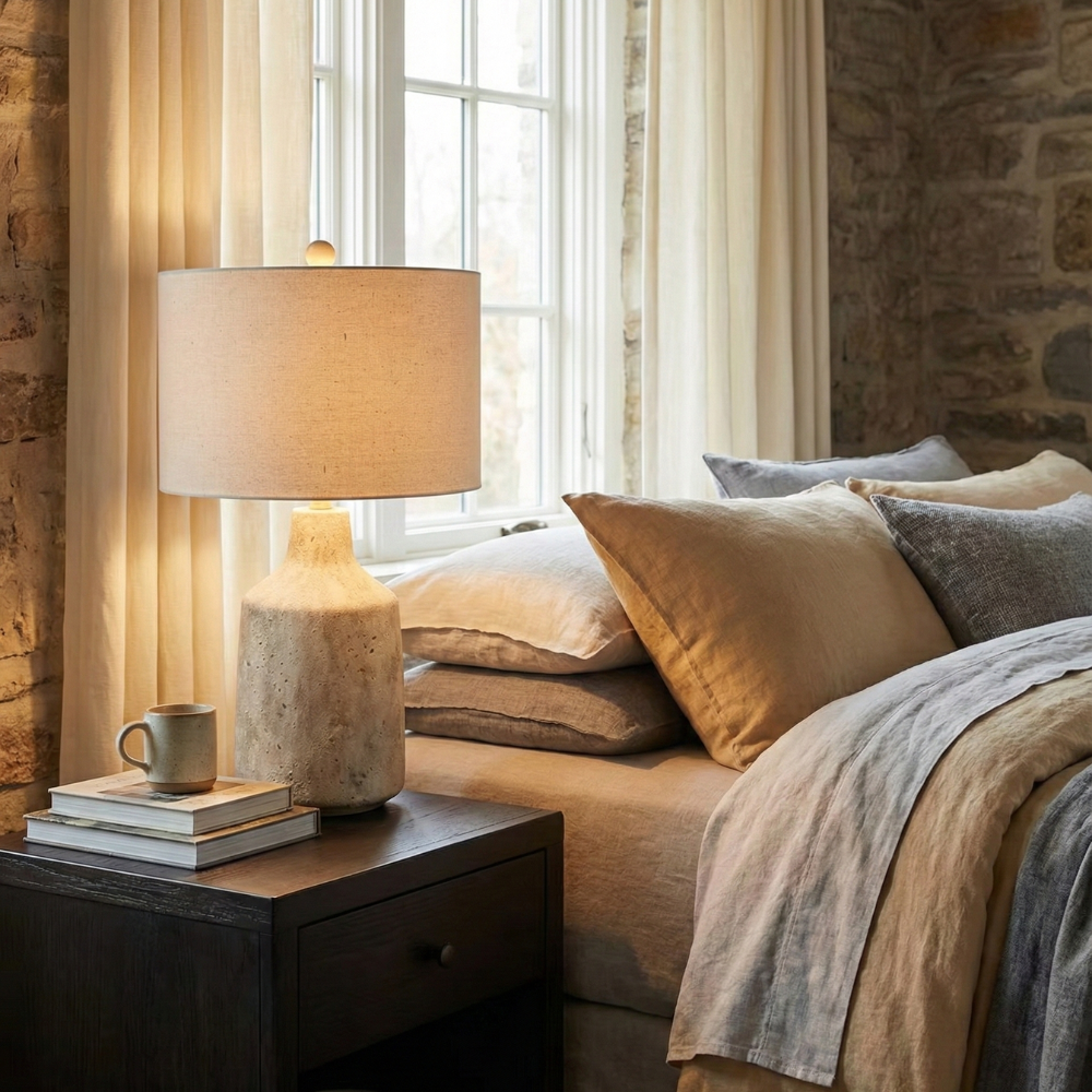 Tischlampe mit Keramikfuss und Stoffschirm – E27, Naturfarben