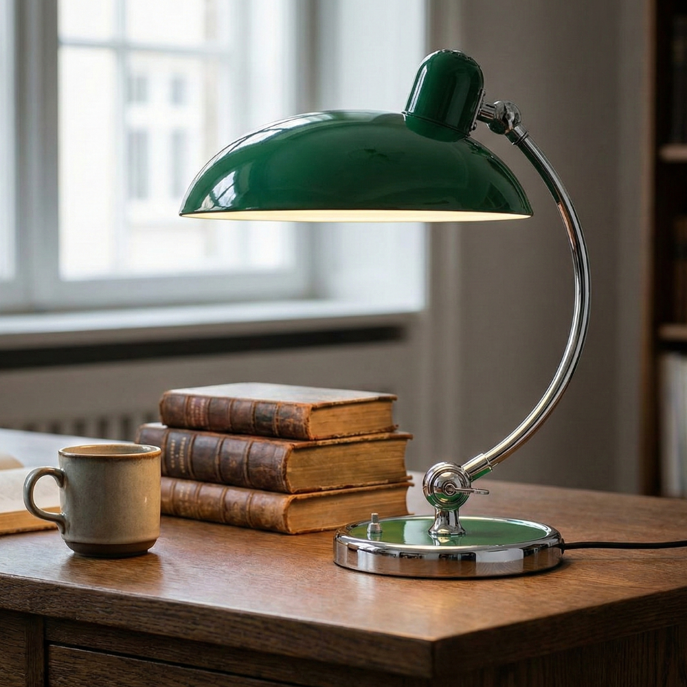 Tischlampe mit Metallgestell und Halbkugel-Schirm – E27