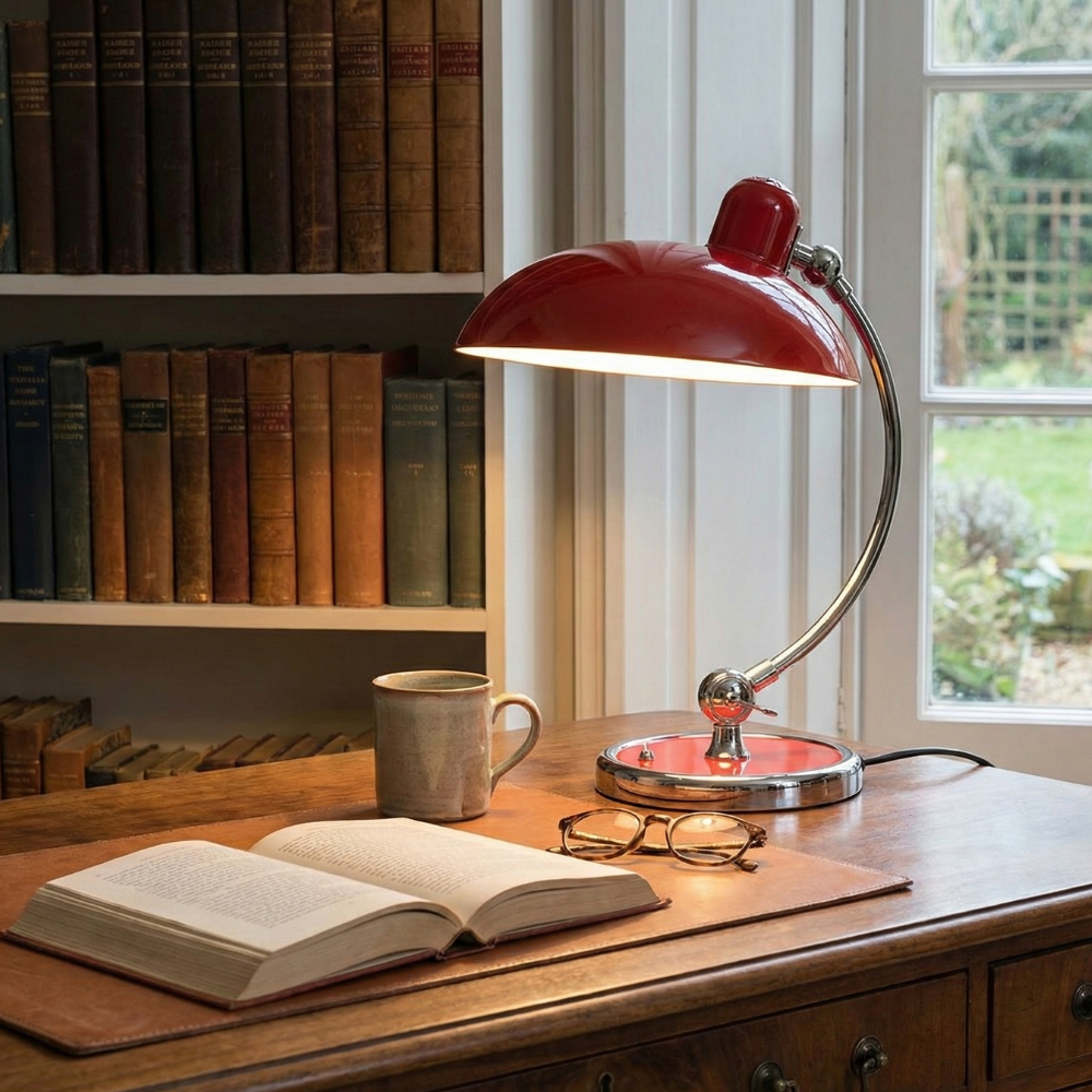 Tischlampe mit Metallgestell und Halbkugel-Schirm – E27