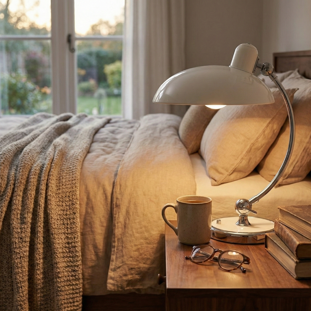 Tischlampe mit Metallgestell und Halbkugel-Schirm – E27