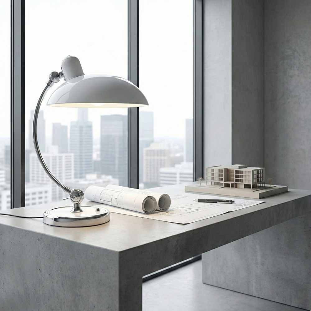 Tischlampe mit Metallgestell und Halbkugel-Schirm – E27