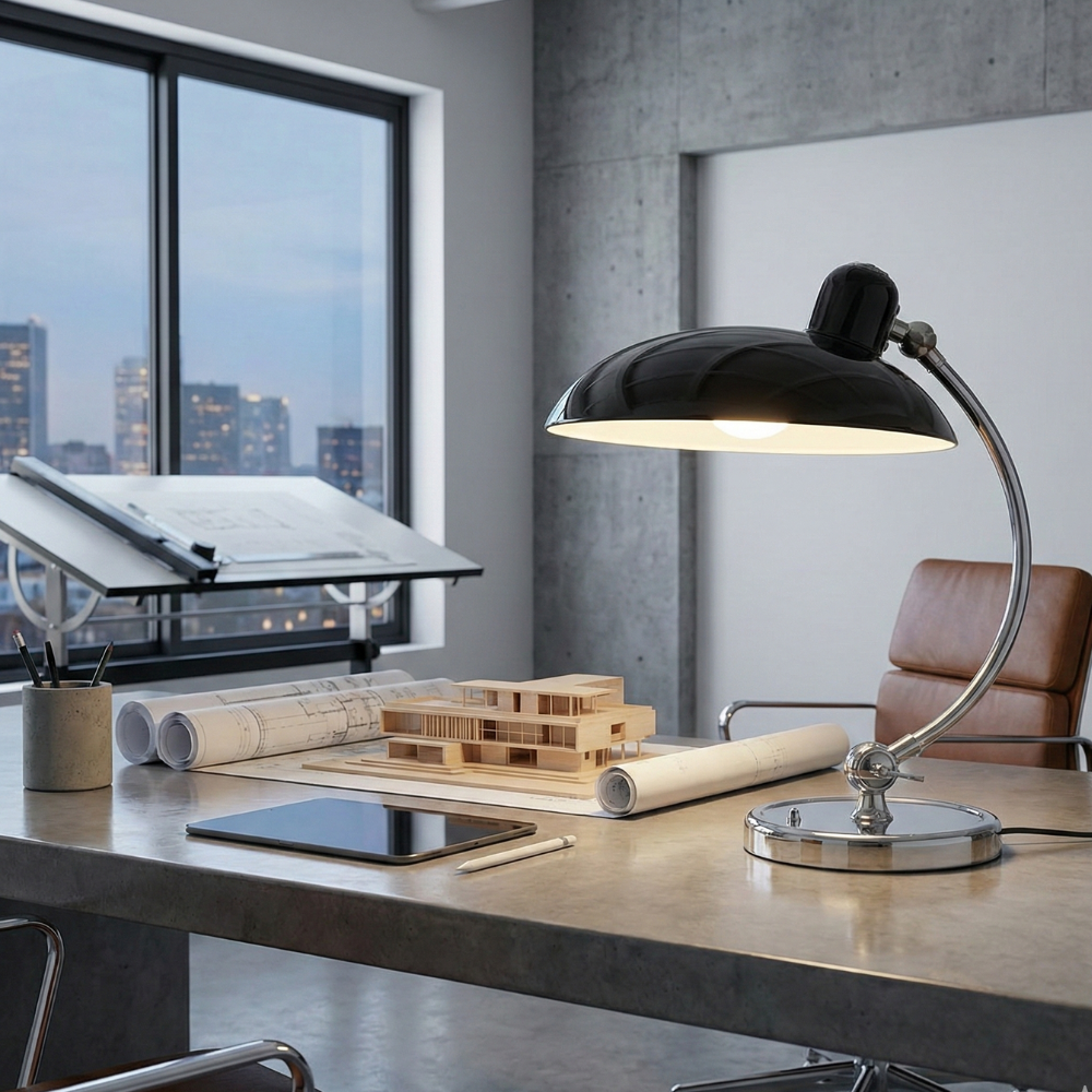 Tischlampe mit Metallgestell und Halbkugel-Schirm – E27