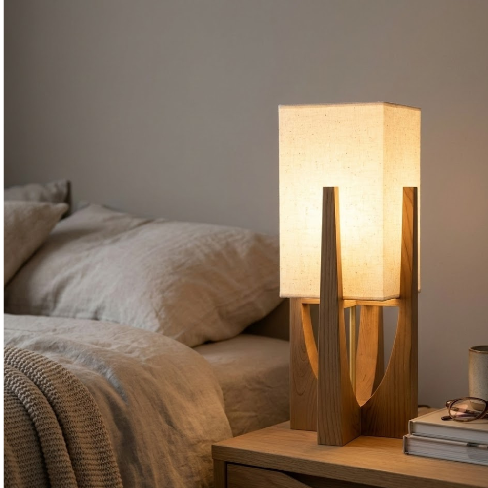 Modern Wooden Table Lamp with Fabric Shade – Minimalist Nordic Decorative Bedroom Light