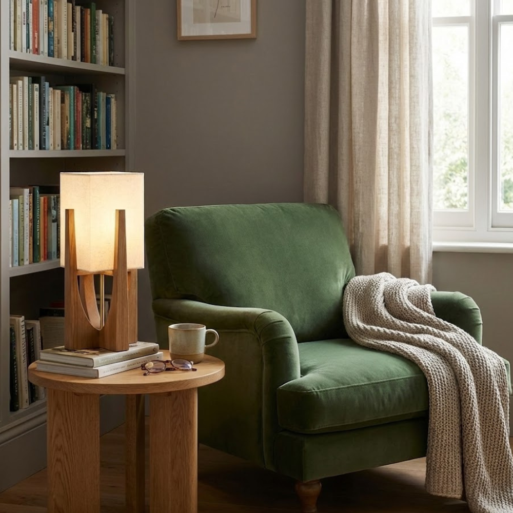 Modern Wooden Table Lamp with Fabric Shade – Minimalist Nordic Decorative Bedroom Light